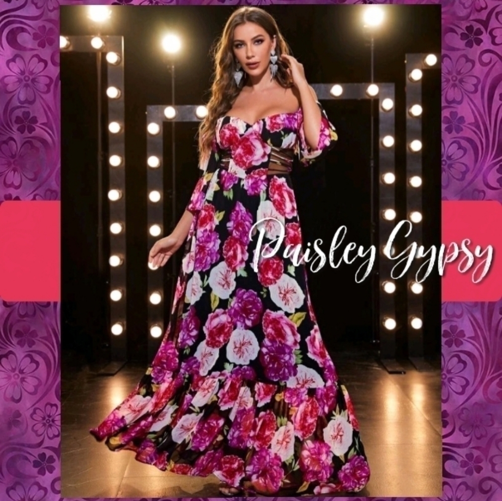 Floral Chiffon Ruffle Hem Maxi Dress with Cutout